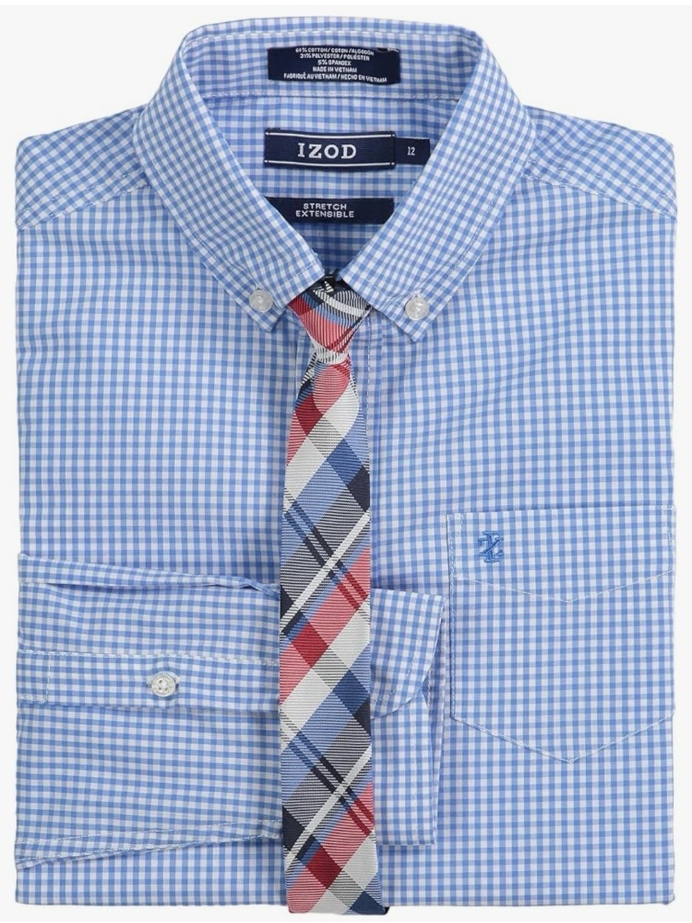 Izod Boy’s Light Blue Gingham Button-Down Dress Shirt & Tie NWT Size 18